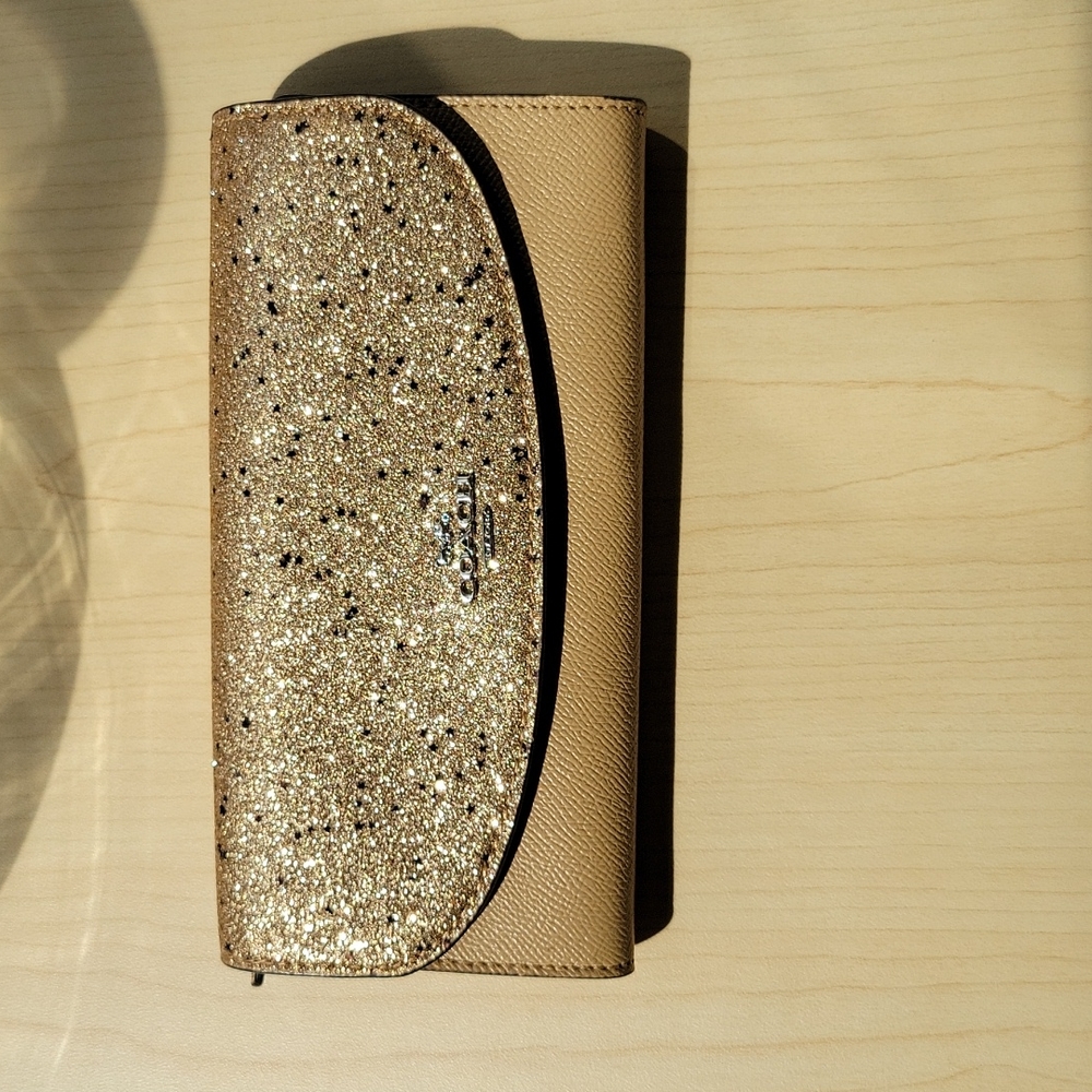 Authentic Coach Gold Glitter Star Slim Leather Envelope Wallet